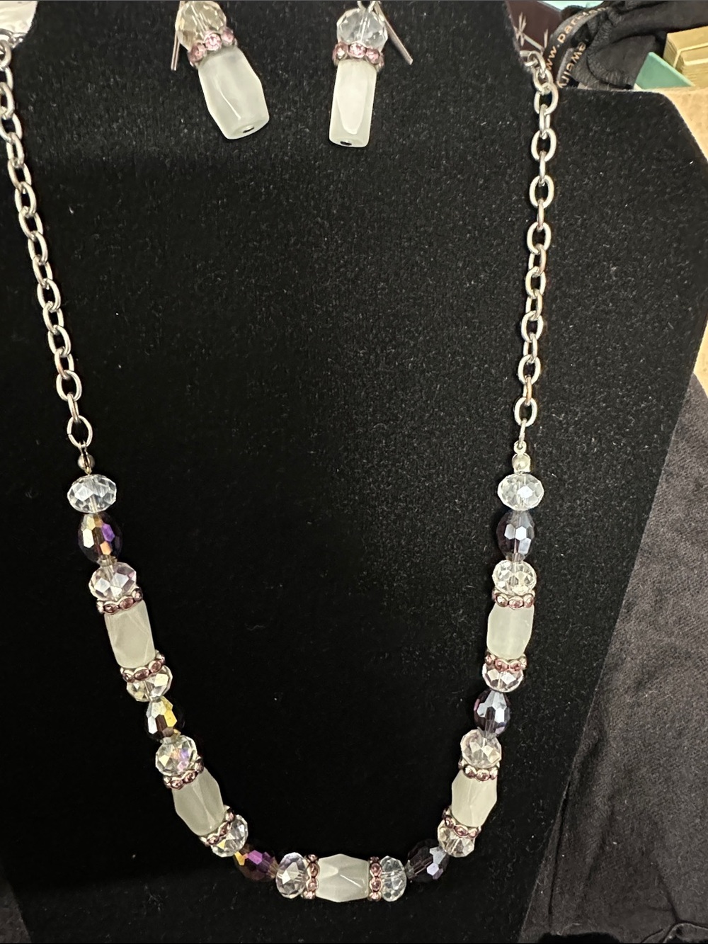 Vintage Elegant White and Iridescent Beaded Necklace and Earring Set